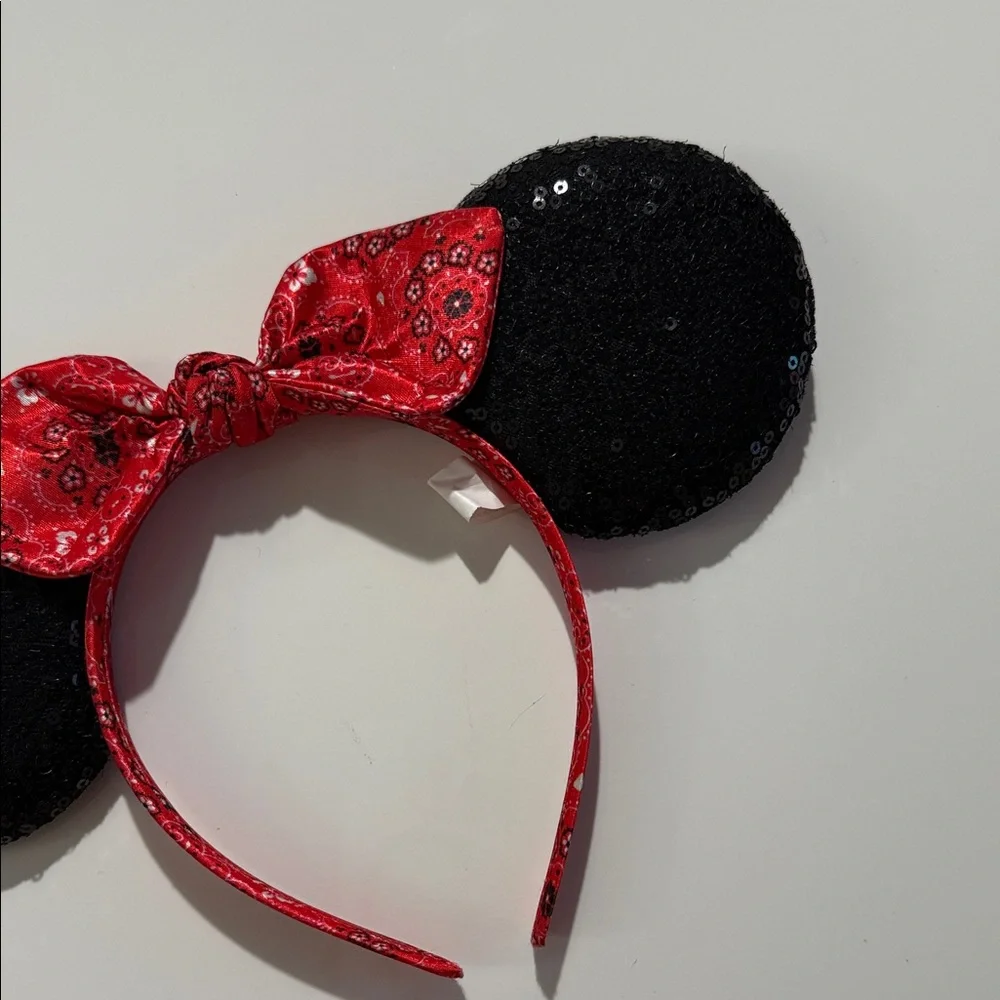 Disney Black Sequin Minnie Ears Headband with Red Bandana Bow